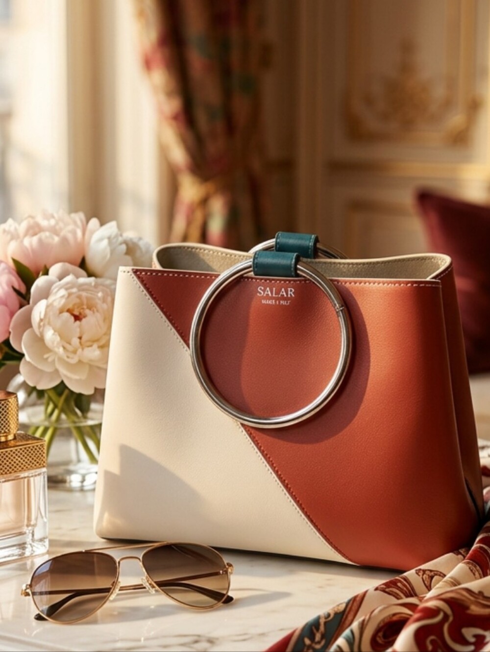Two-Tone Cream and Red Leather Satchel with Silver Ring